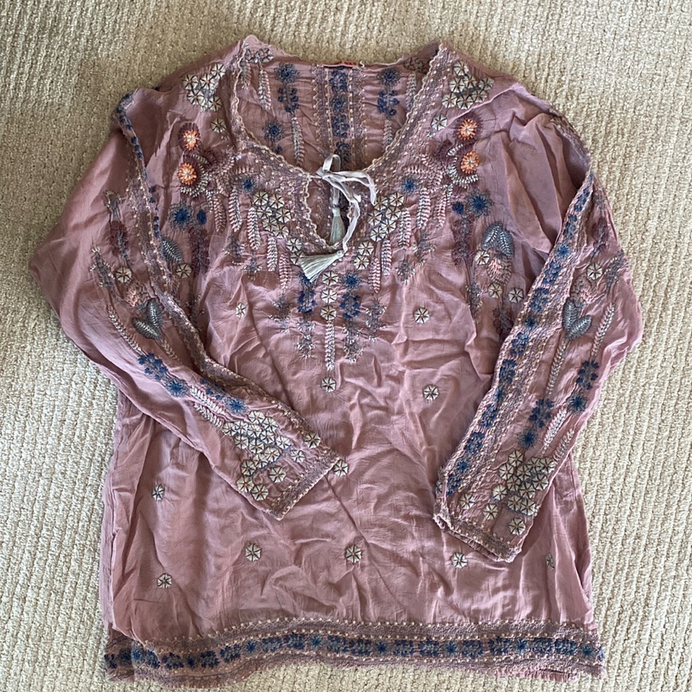 Johnny Was Mauve Embroidered Boho Tunic Top